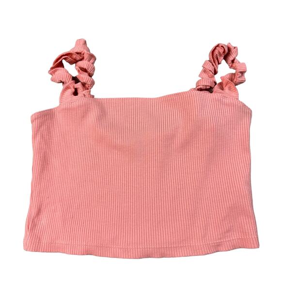 Sunday Best Tops - SUNDAY BEST Salmon Pink Ribbed Knit Crop Tank Top Ruffle Straps Size Small